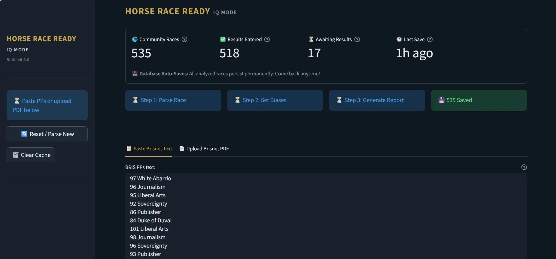 Screenshot of a website titled 'Horse Race Ready'. The site displays statistics about horse races, including 535 community races, 518 entered results, 17 awaiting results, and a last save timestamp of 1 hour ago. There are buttons for parsing a race, setting biases, and generating a report. The section below shows a list of partial 'BRIS PP's text' data for various horse races.