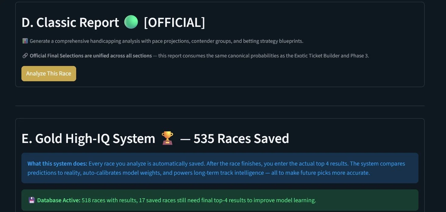 Screenshot of a racing analysis website with sections titled 'D. Classic Report' and 'E. Gold High-IQ System' showing race data and system information.
