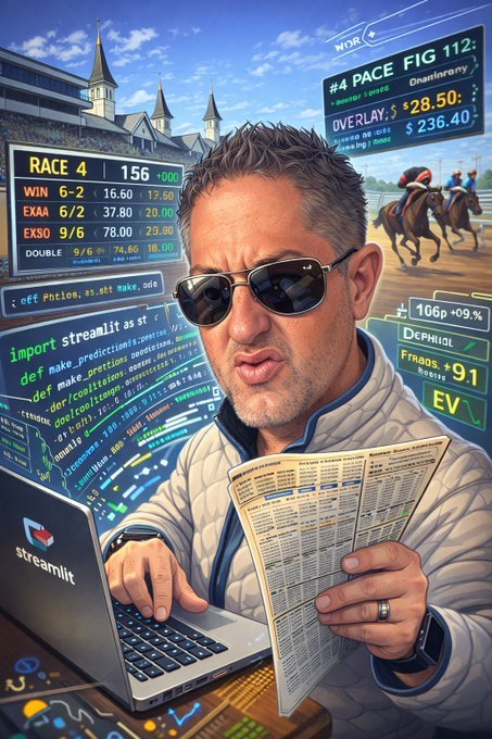 A man wearing sunglasses and a light-colored jacket looking at a racing form and using a laptop with a streaming platform app, surrounded by racing and betting data on screens.