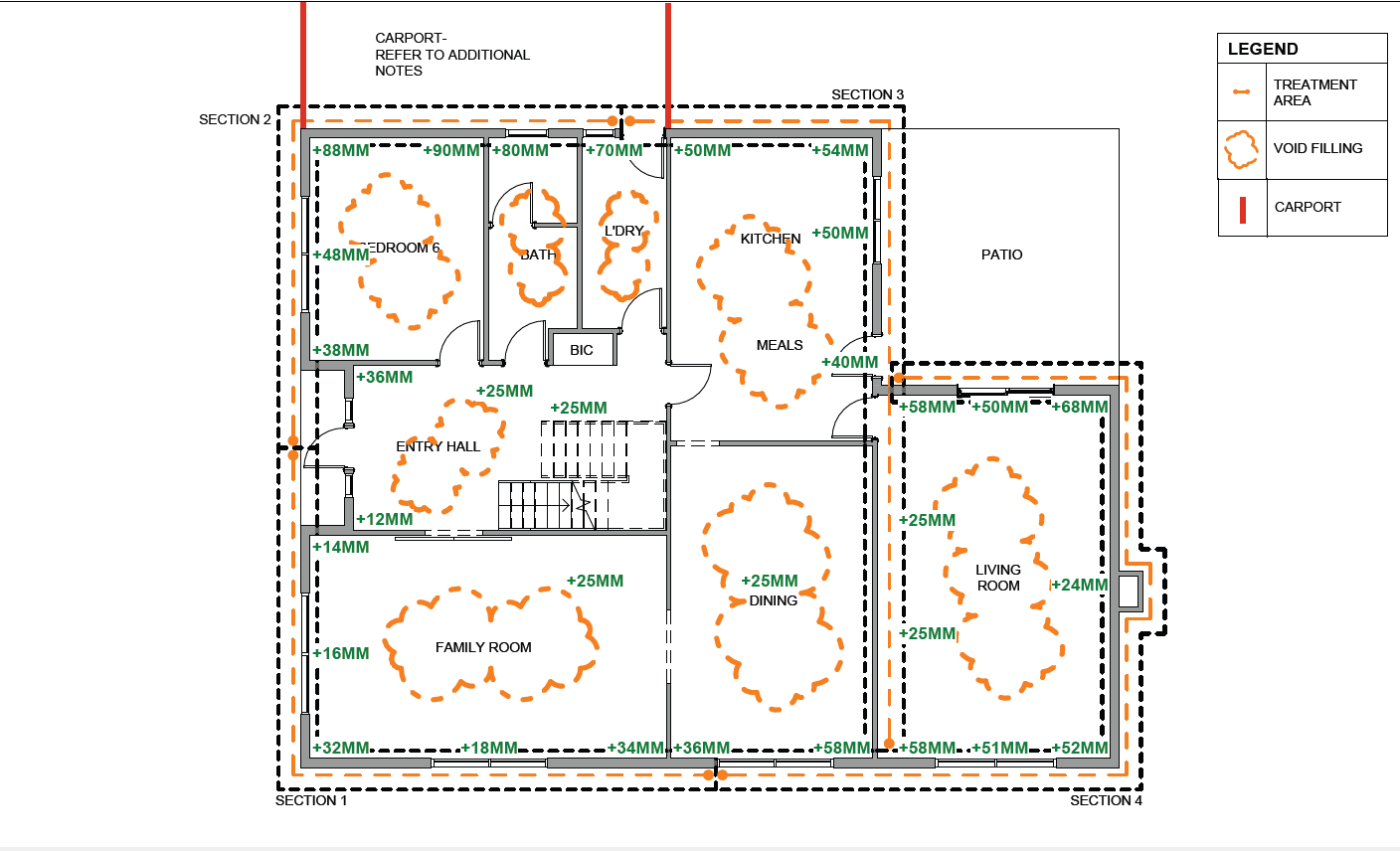 Engineered injection layout plan showing treatment areas and lift targets.