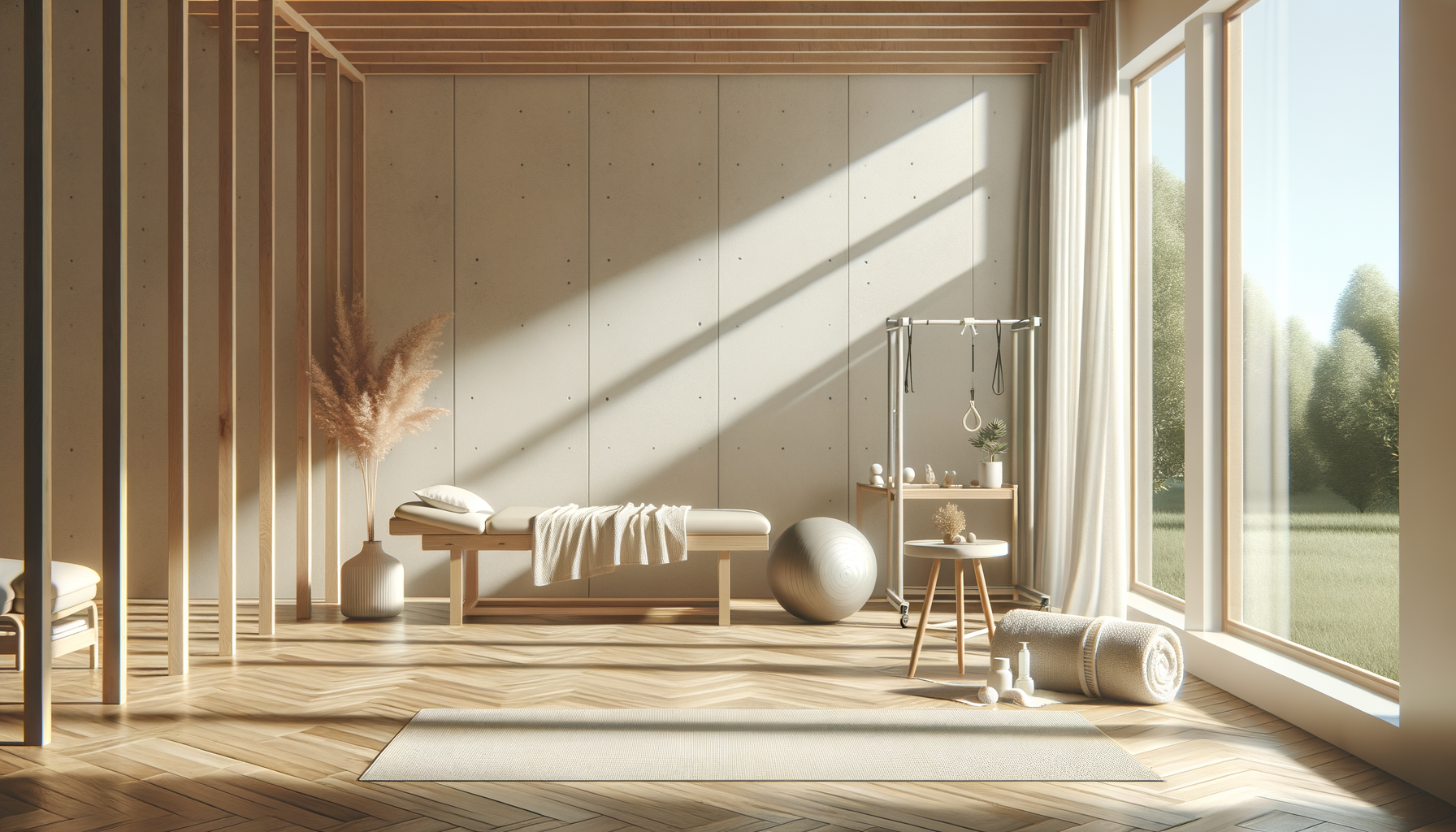 A massage therapy or wellness room with a massage table, exercise ball, towels, and natural decor, illuminated by natural sunlight through large windows.