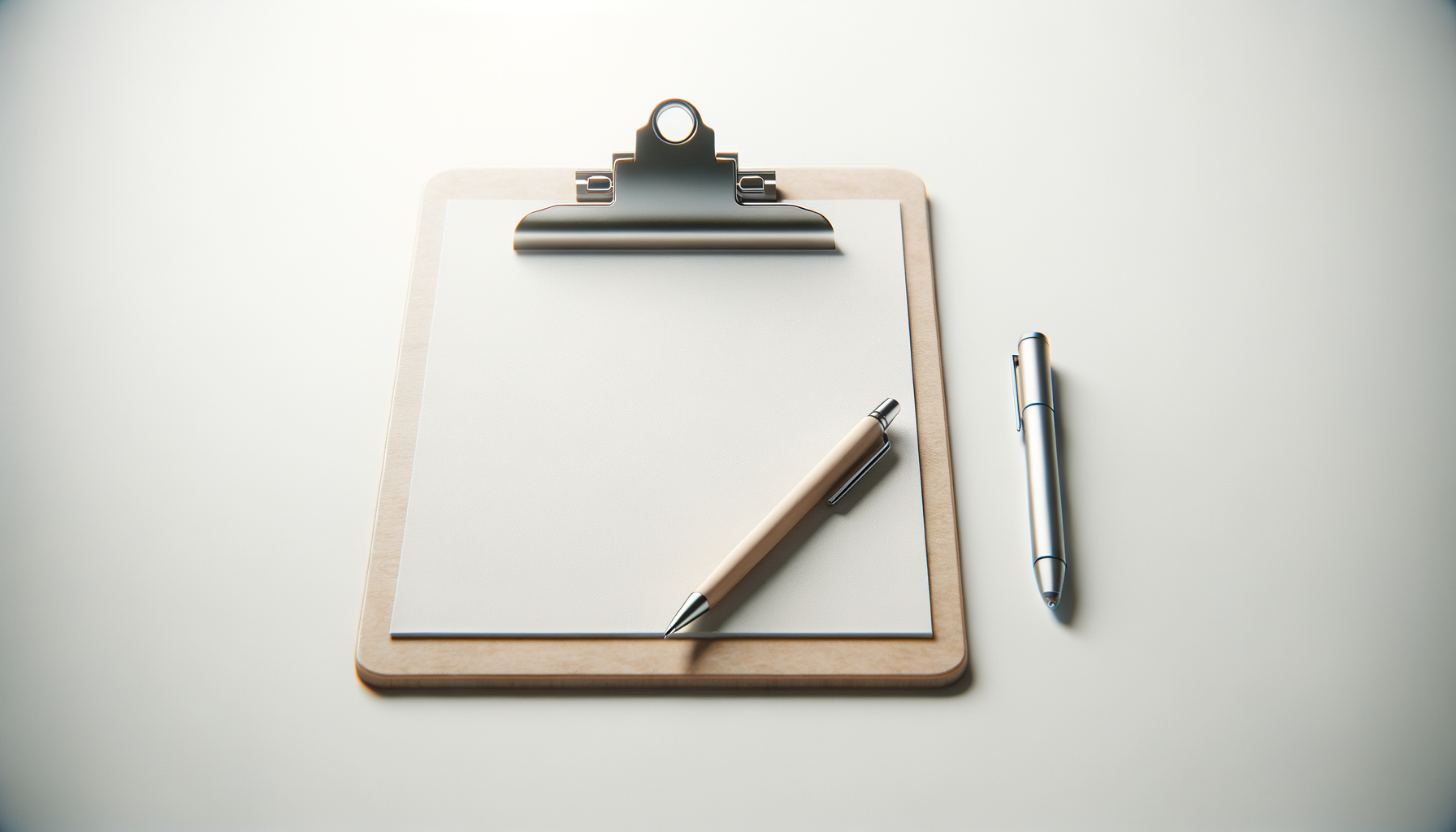A clipboard with a blank white sheet of paper, a beige pen, and a silver pen on a white surface.