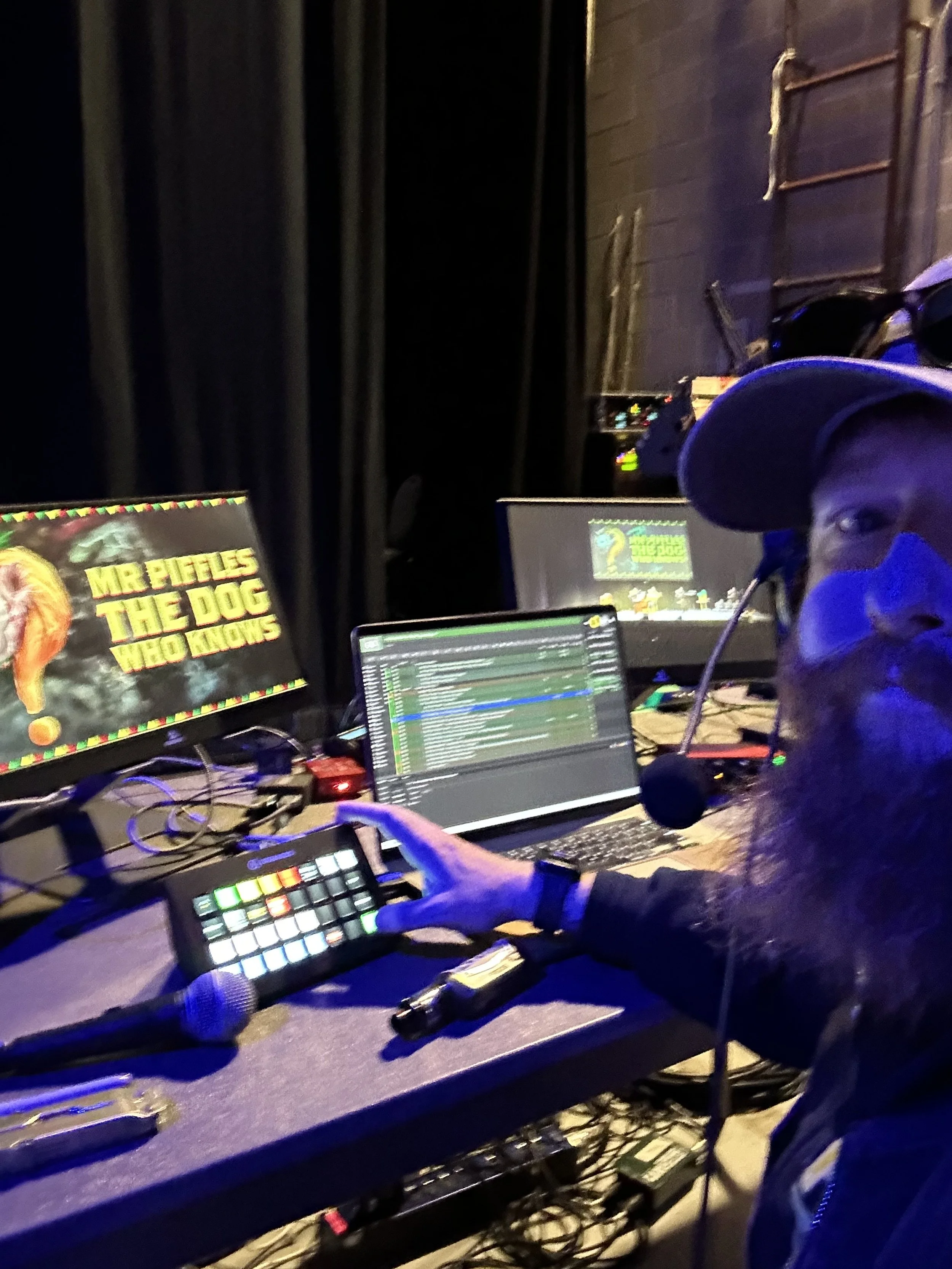 A man with a long beard wearing a baseball cap and headphones sits at a sound desk with digital equipment, monitors, and a computer screen displaying music production software in a dark room. A colorful poster reading 'Mr. Buffles the Dog Who Knows'