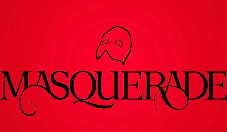 The word 'MASQUERADE' with a stylized black mask above it, on a red background.