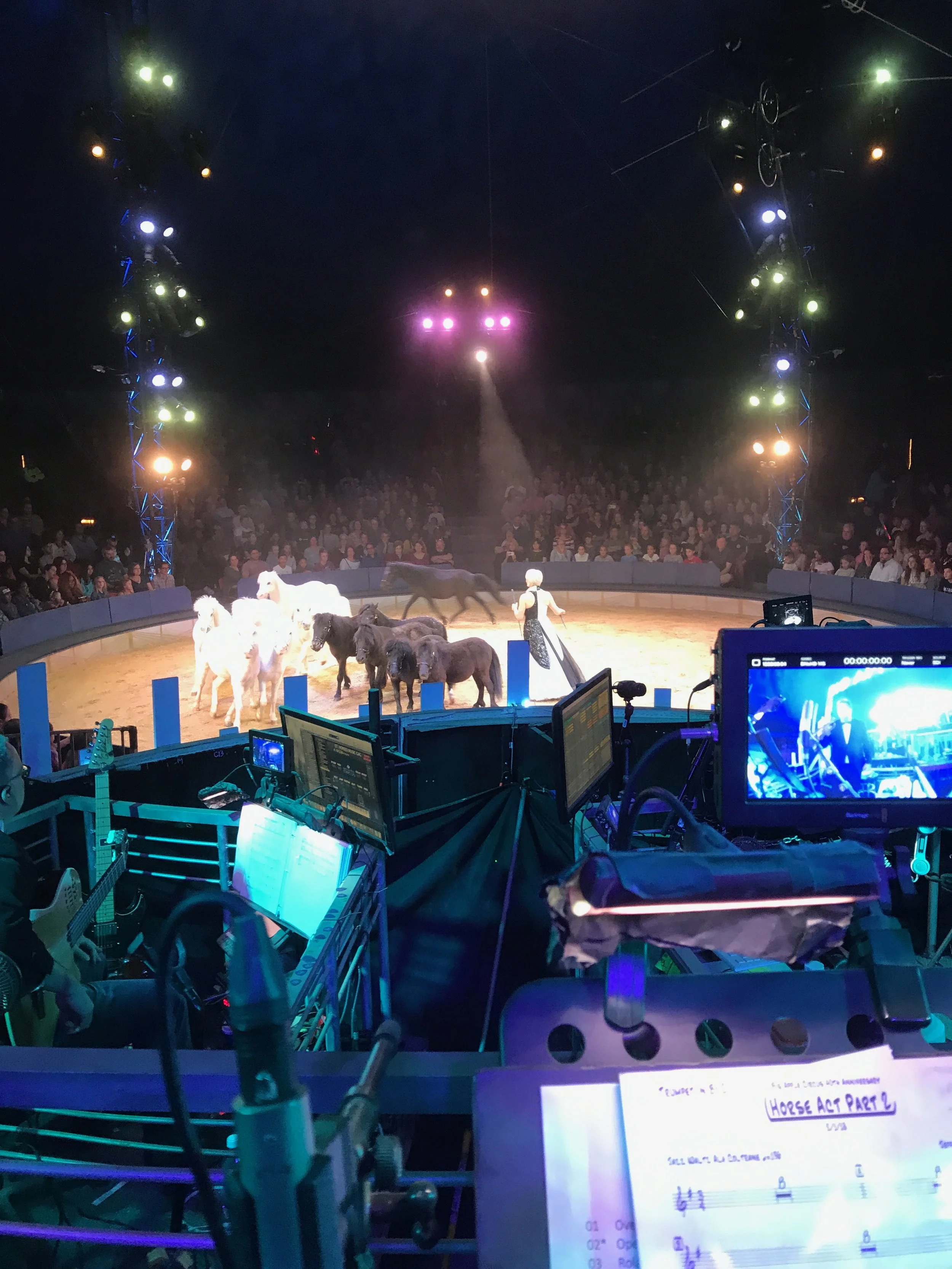Circus ring with horses and a performer, audience in the background, stage lights overhead, and camera equipment and notes in the foreground.
