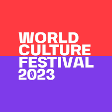 Logo for the World Culture Festival 2023 with a red, white, purple, and blue background.