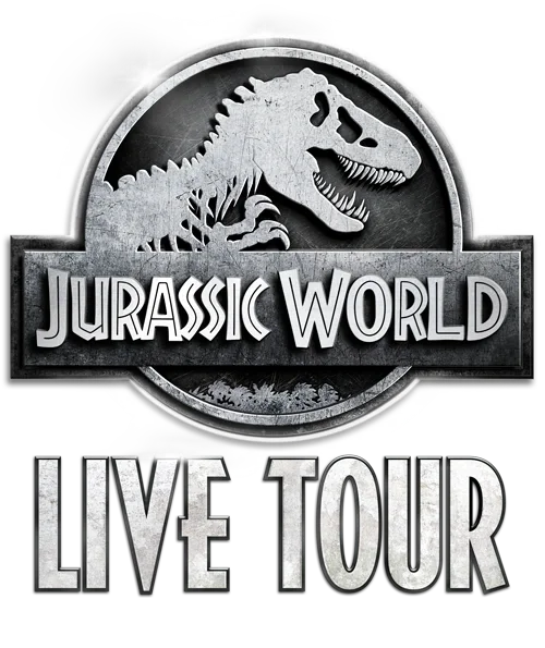 Logo for Jurassic World Live Tour featuring a T-Rex head silhouette and text.