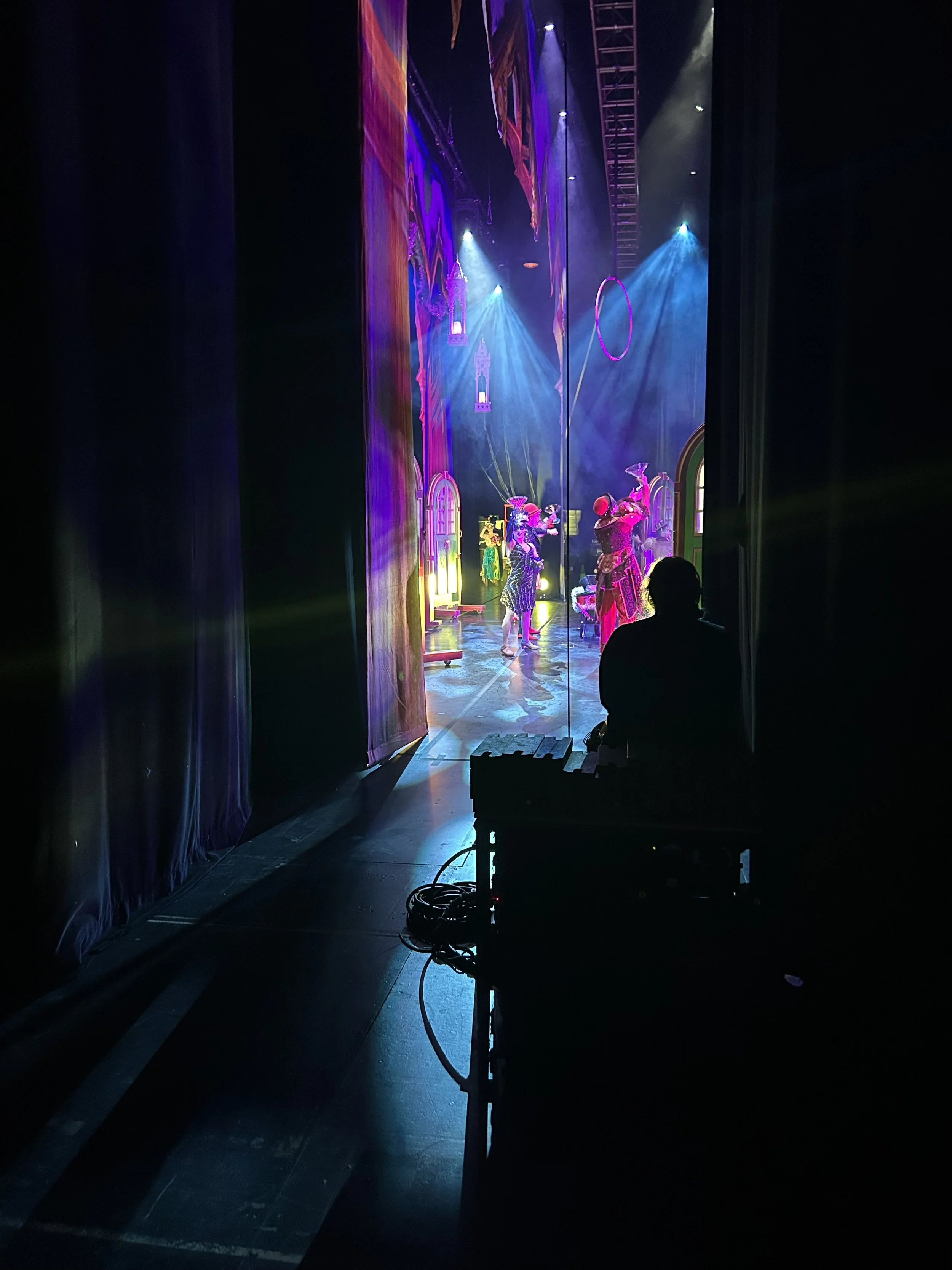 Backstage view of a colorful theatrical performance with performers in costumes on stage, beam lighting, and an audience silhouette in the foreground.