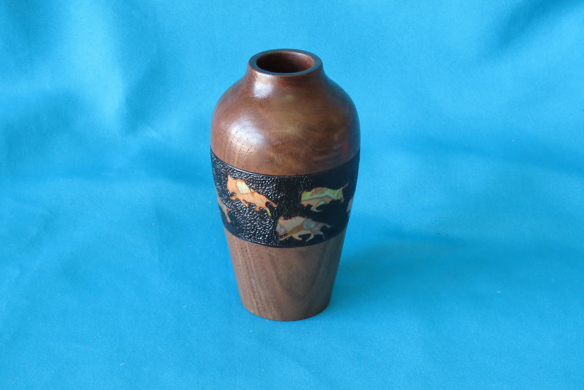 Rex Funk
Vase-Walnut, metal leaf, pyrography
