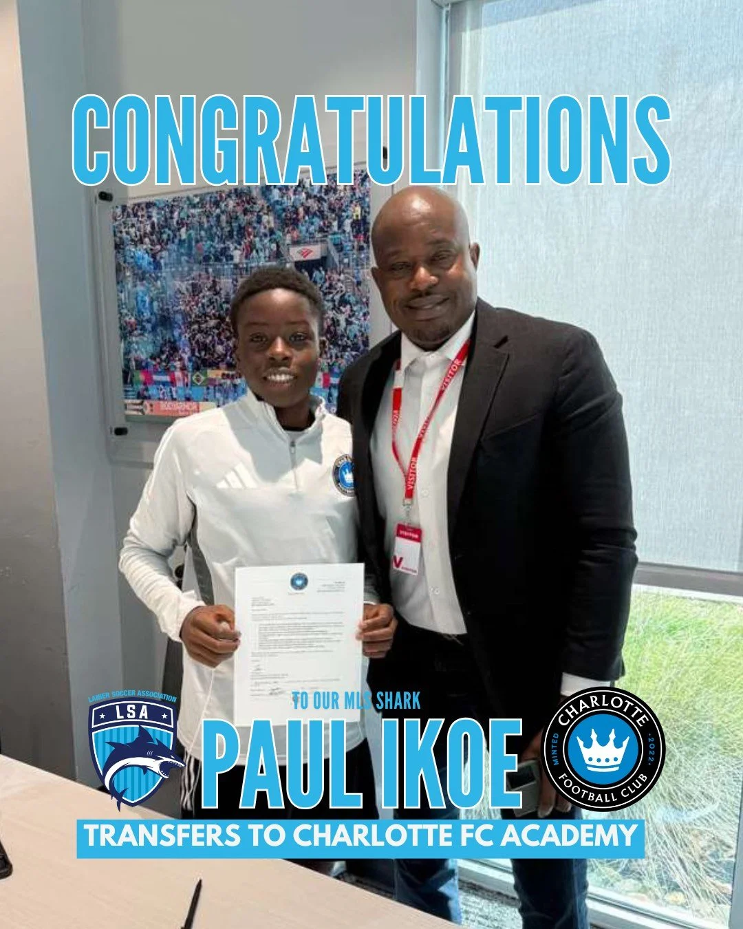 Big congratulations to Paul Ikoe on his transfer to Charlotte FC Academy! 🔵⚽

Huge KUDOS to Coach Henry &amp; Coach Buff for the guidance and support, well deserved all around! 👏 🦈 

#lsasharks #youthsoccerclub #charlottefcacademy #mlsnext #fearth