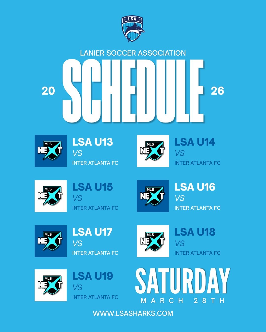 Our sharks are back in action this weekend! 🔥 

Check out the home schedule &amp; come support some of our LSA teams at Allen Creek! 

Let&rsquo;s go, Sharks!! 🦈 

#lsasharks #homegames #matchgameschedule #youthsoccerclub #fearthefin