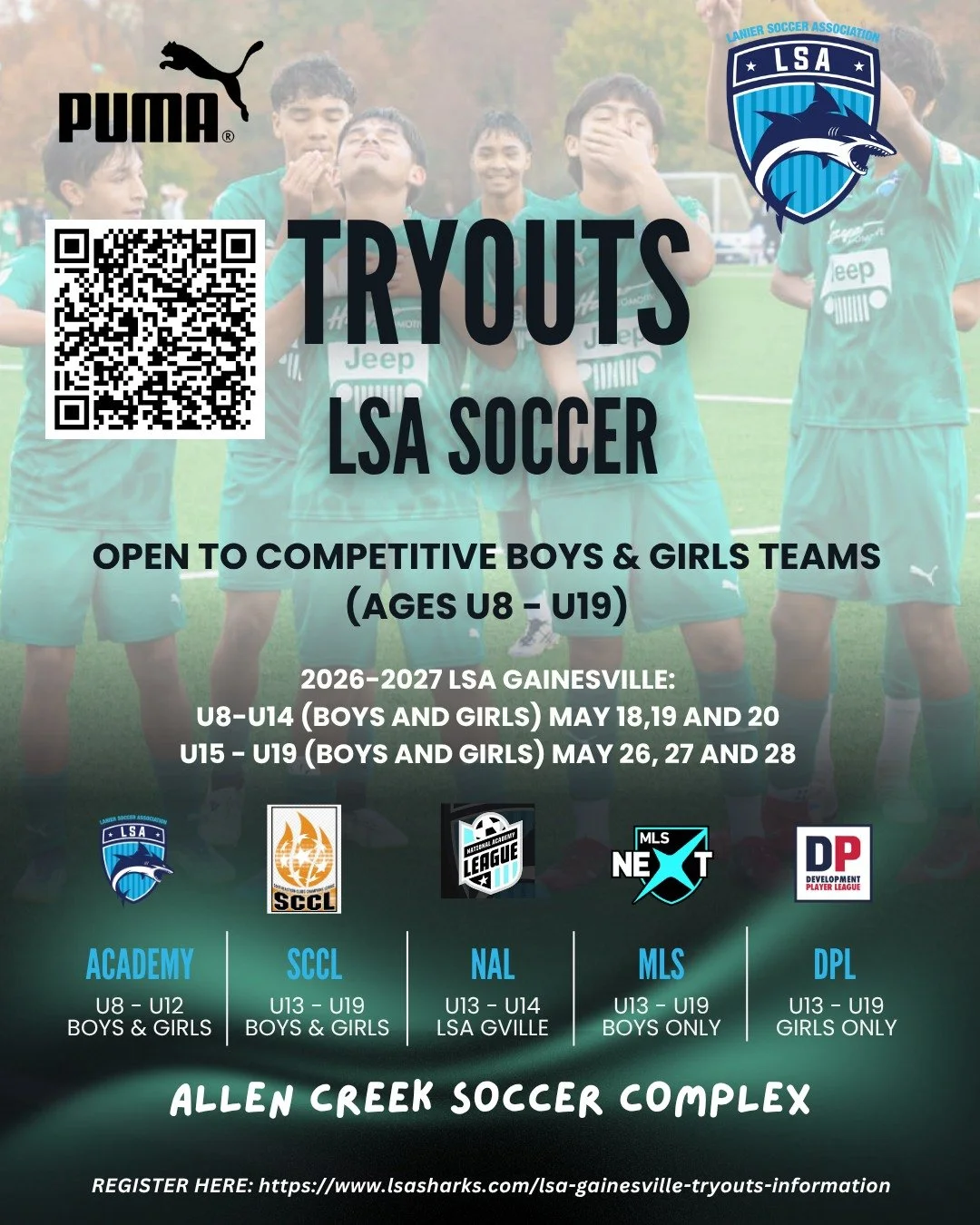 ⚽🔥 LSA TRYOUTS ARE OPEN! 2026&ndash;2027 SEASON 🔥⚽

Ready for the next level? Tryouts are officially OPEN!
Register now using our new platform Leagues App 👇
https://lsasharks.leagueapps.com/events

Teams:
&bull; Academy (U8&ndash;U12 Boys &amp; Gi
