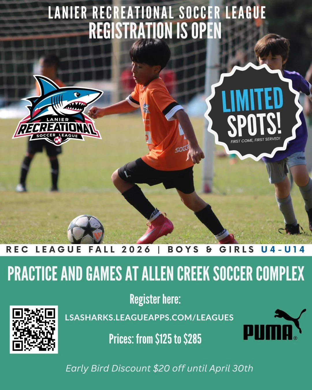 ⚽🔥 **Lanier Recreational Soccer League Registration is NOW OPEN!** 🔥⚽

Get ready for another great season! Our Rec League is open for **boys &amp; girls ages U4&ndash;U14**&mdash;the perfect place to learn, play, and have fun!

💥 **Early Bird Spec
