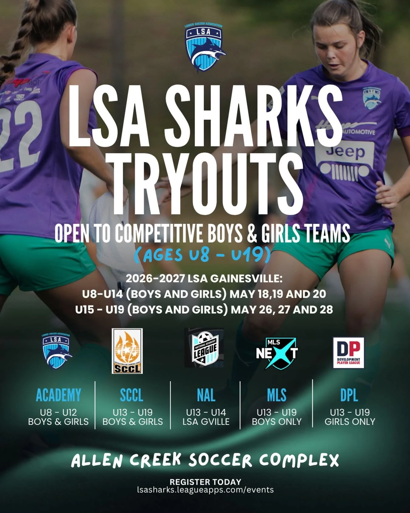 Tryouts start in May, so make sure to register &amp; save your spot! It&rsquo;s completely FREE to register 🔥

Teams you can try out for:
⚽️ ACADEMY (U8-U12 Boys &amp; Girls)
⚽️ SCCL (U13-U19 Boys &amp; Girls)
⚽️ DPL (U13-U19 Girls Only)
⚽️ NAL (U13