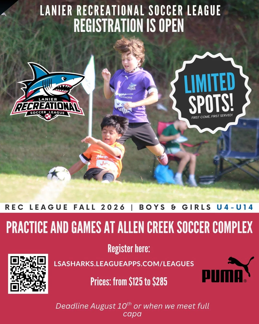 ⚽ Rec Soccer Registration is NOW OPEN! 🦈

Join the LSA Sharks family for a fun season of soccer, development, teamwork, and memories on the field! Spots fill quickly, so register today!

🔗 Register here: https://lsasharks.leagueapps.com/leagues/soc