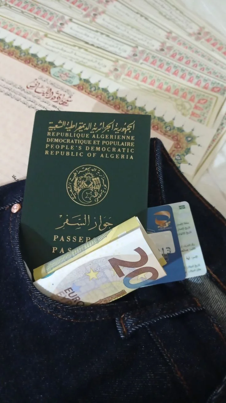 Un portefeuille en jean contenant un passeport algérien, des billets de 20 euros, une carte bancaire et d'autres documents, posé dans une poche de pantalon.
