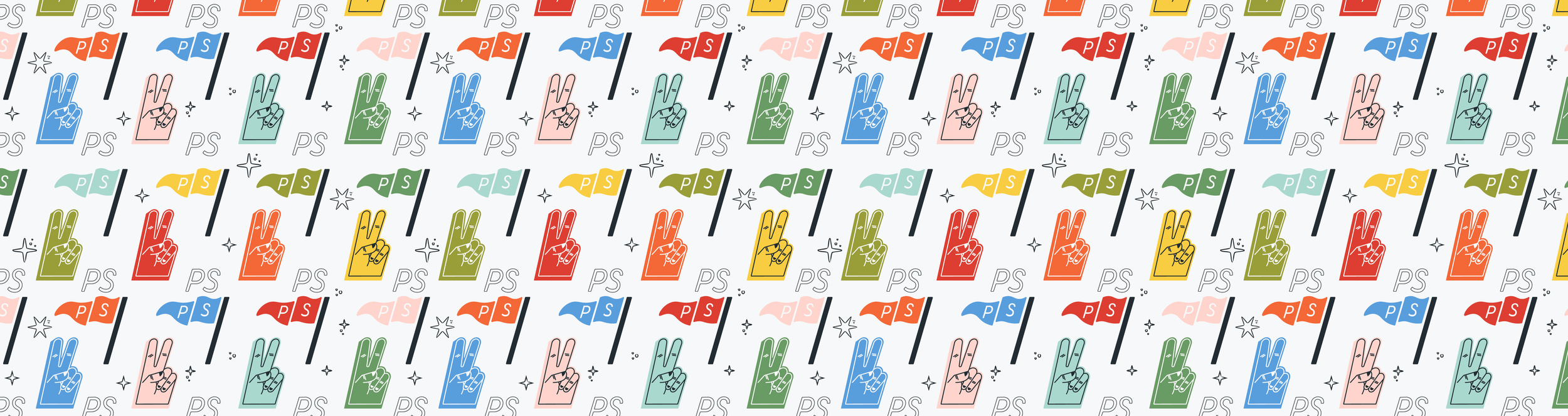 A colorful repeating pattern of illustrated peace signs and PS flags in various pastel and bright colors.