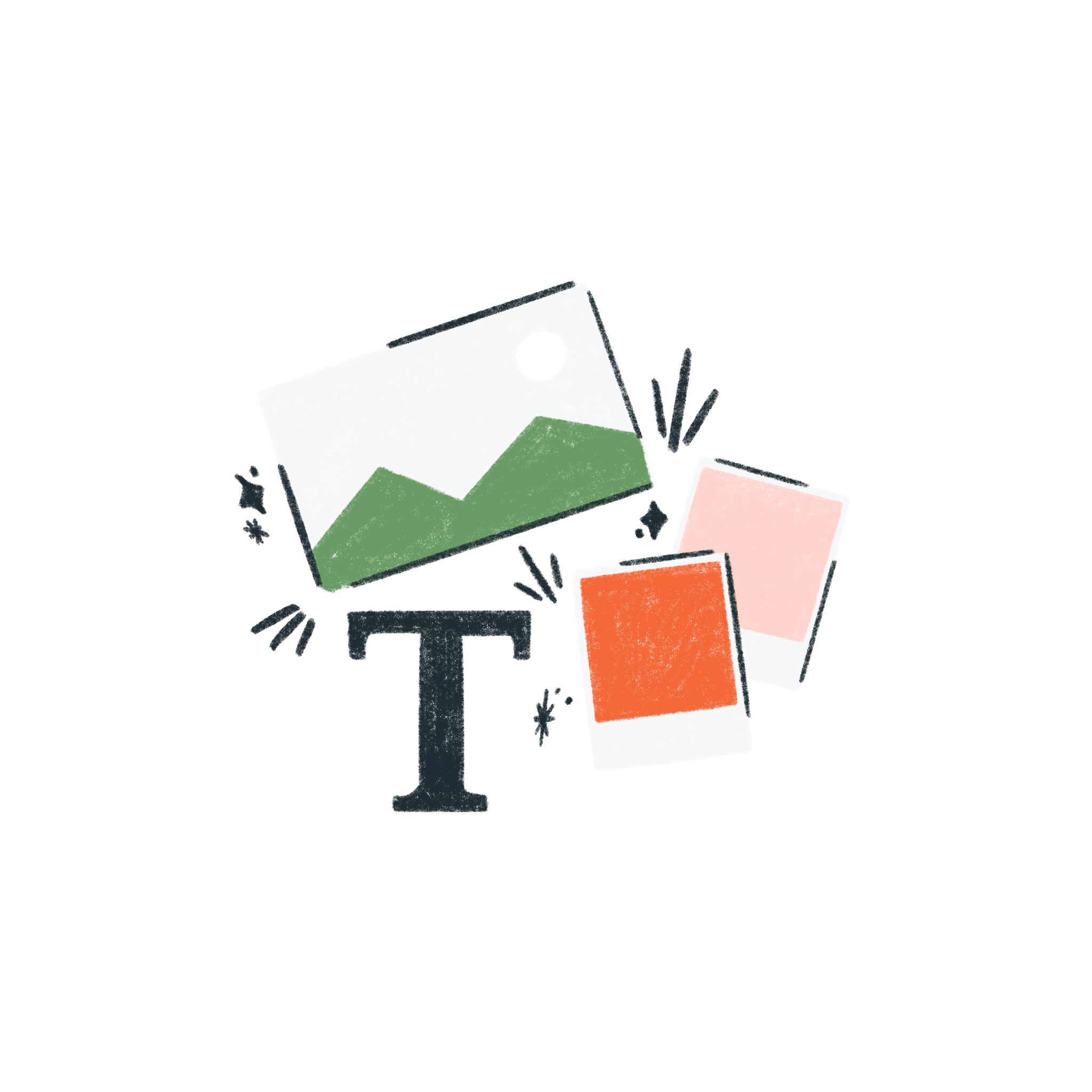 Colorful abstract artwork with geometric shapes and textured surfaces in shades of green, orange, white, and red.