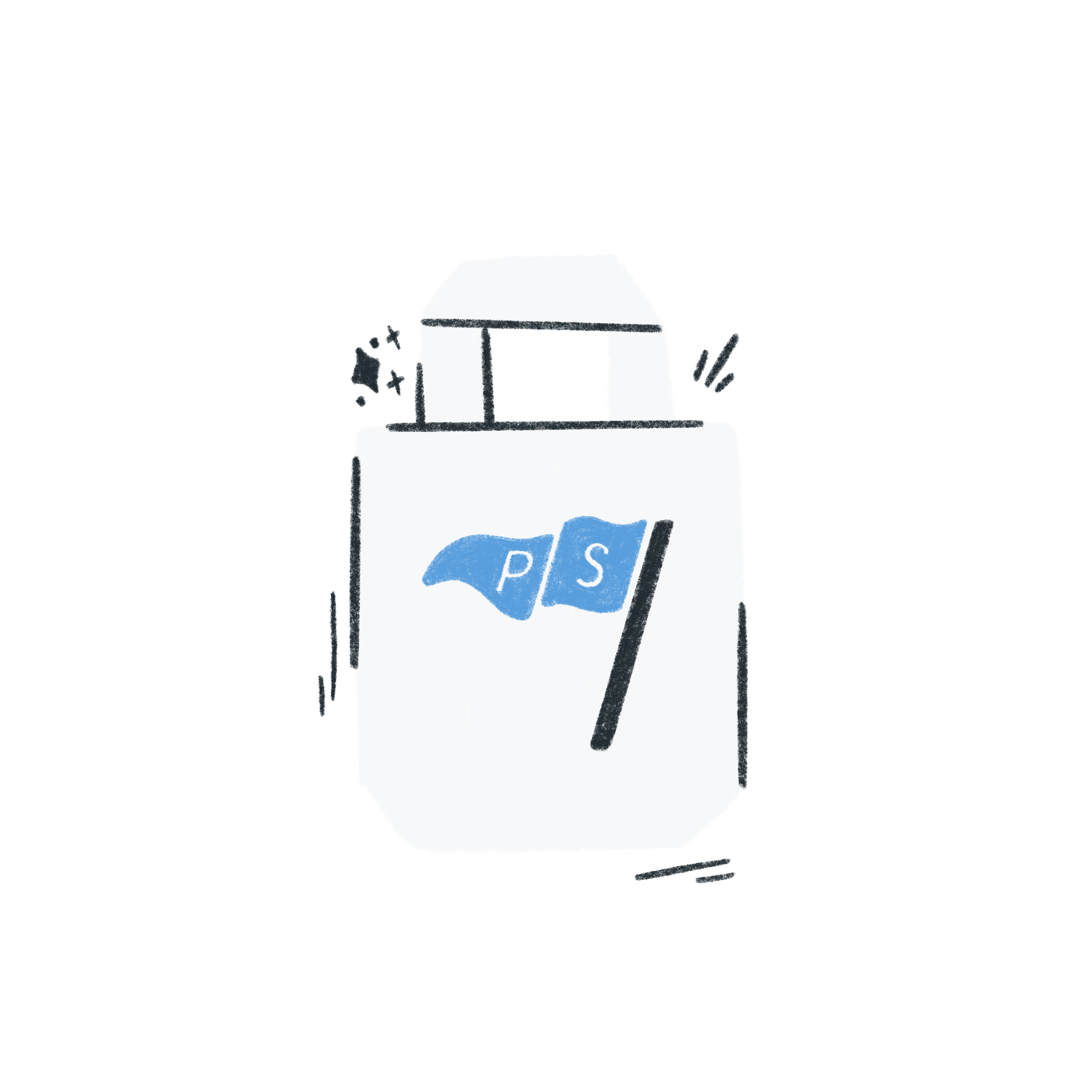 Illustration of a tote bag with the philastrations logo, surrounded by small decorative elements.