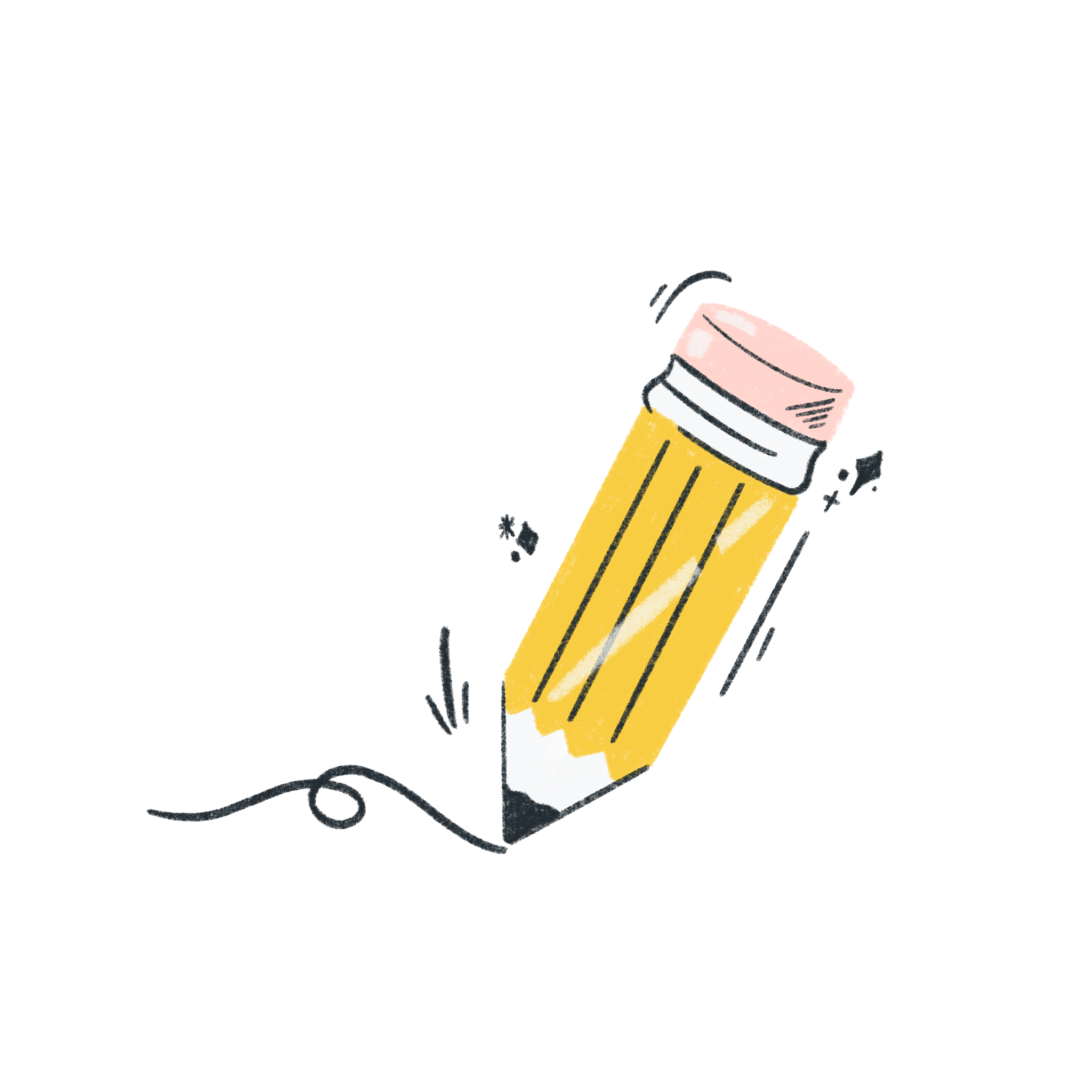 Illustration of a yellow pencil with a pink eraser, positioned diagonally. The pencil appears to be a stylized, cartoon-like drawing.