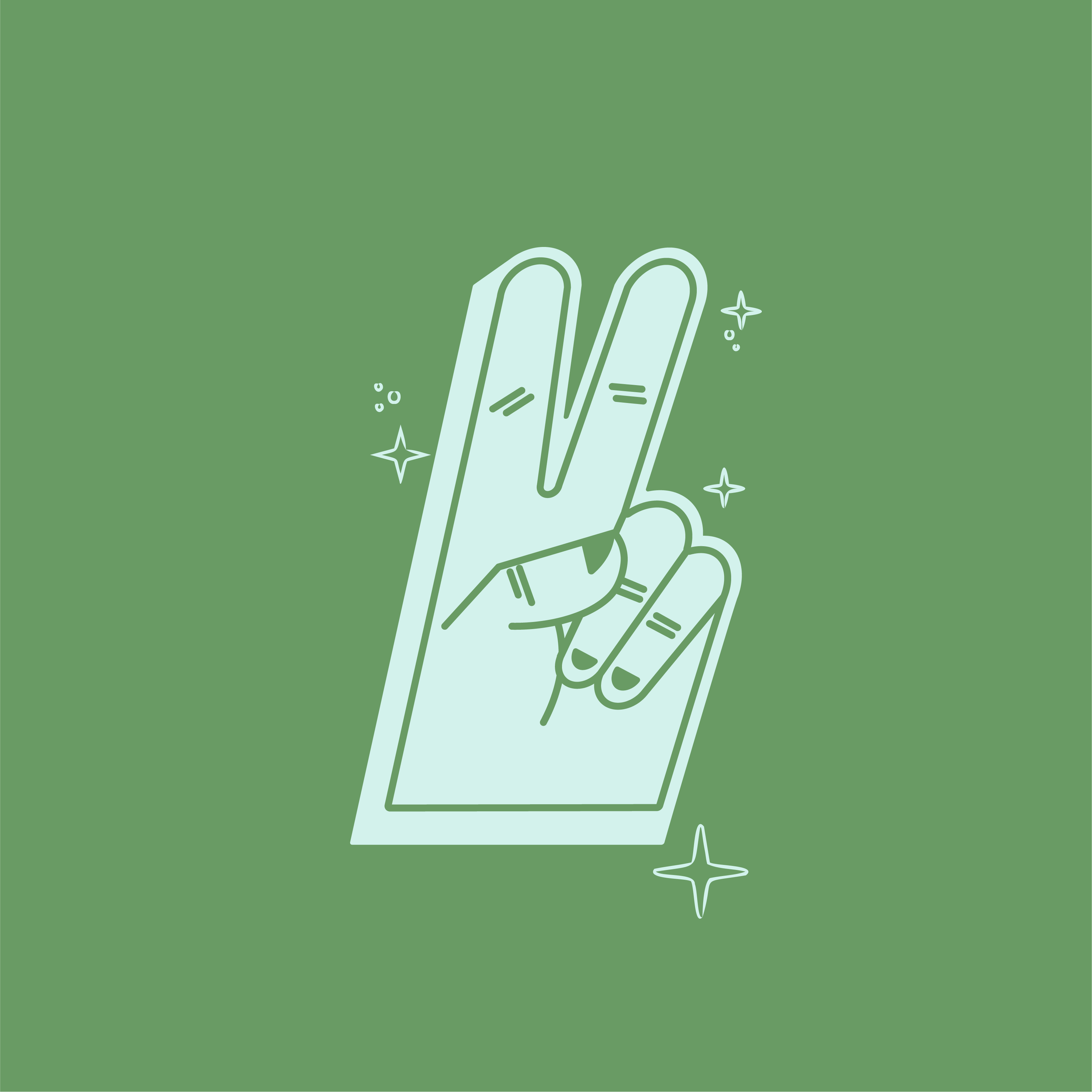 Illustration of a light green foam finger in a peace sign surrounded by sparkles against a green background.
