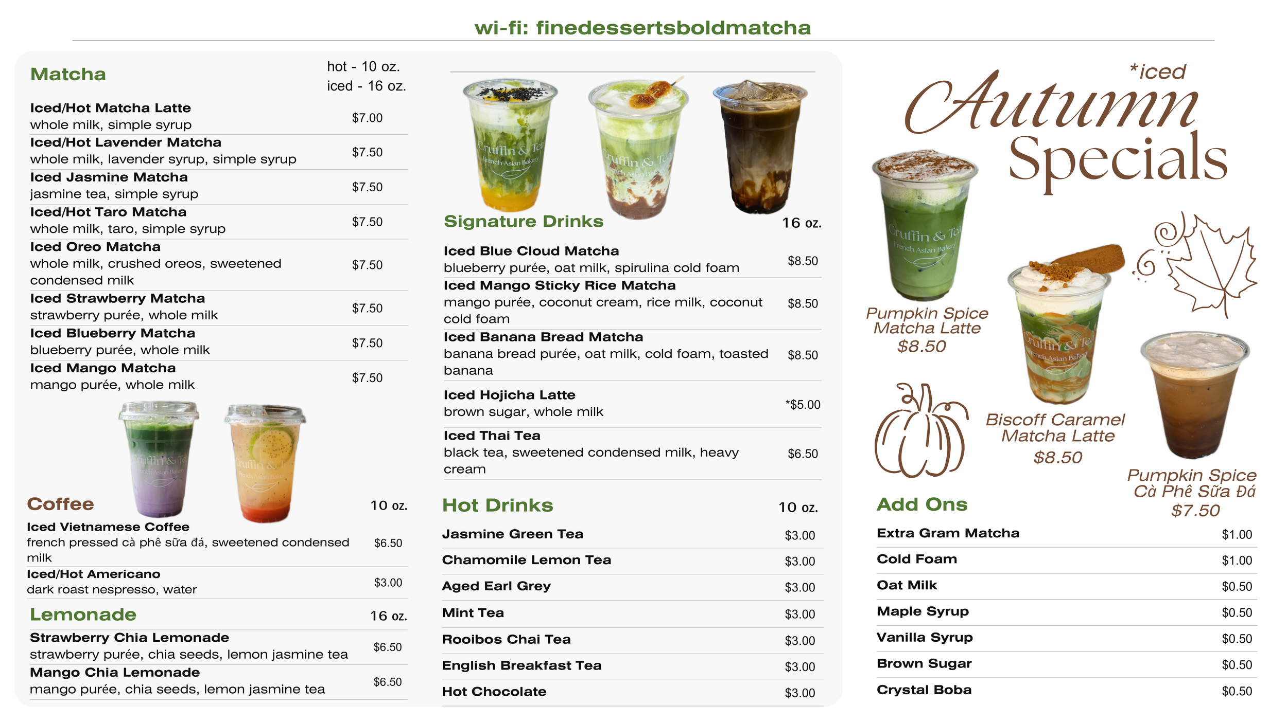 Menu featuring autumn matcha and coffee drinks, with images of matcha latte, pumpkin spice matcha latte, biscoff caramel matcha latte, and pumpkin spice drinks. Includes pricing and options for hot and iced beverages.