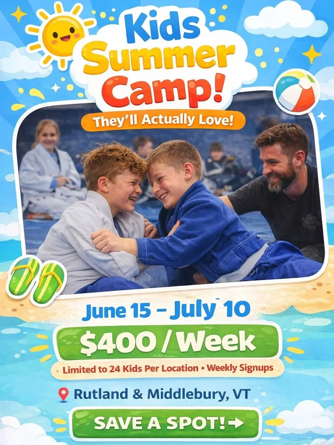 We have been hard at work cooking up something super cool for the summer! 

Jiu jitsu summer camp. Happening June 15th - July 10th 2026. 

Dropoff starts 800am pickup is at 3pm.

$400 per week, discount available for family or early registration. 

C