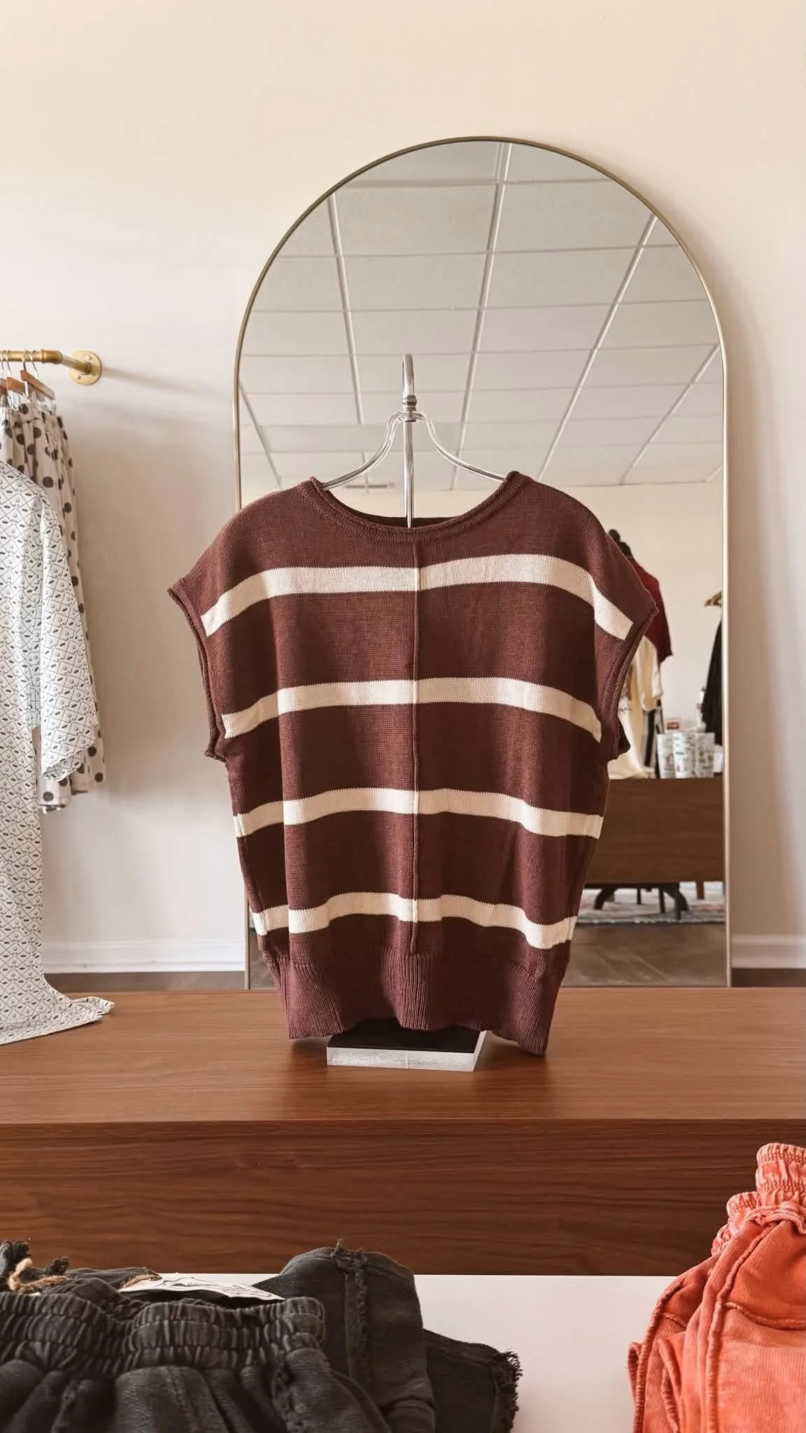 Brown Striped Short Sleeve Sweater