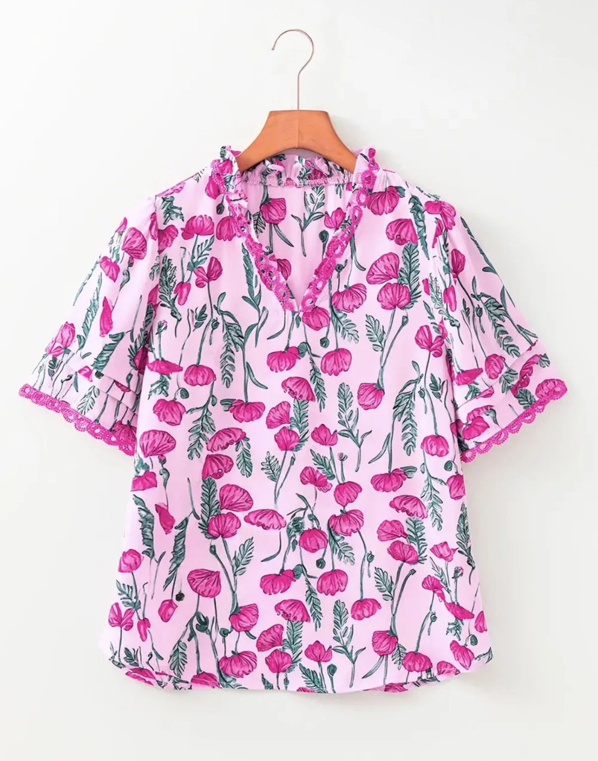 Floral Lace Frilled Short Sleeve Blouse