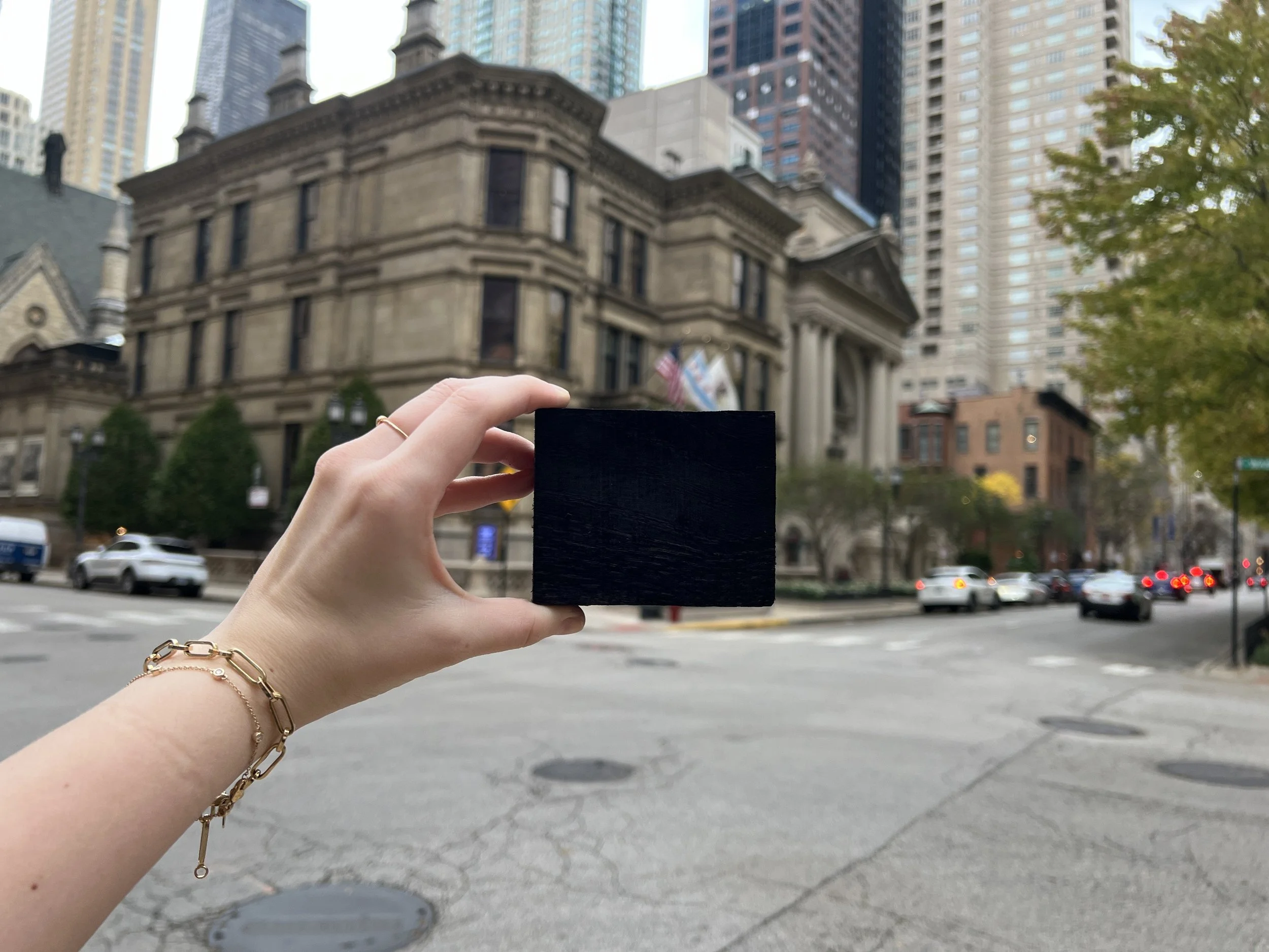 Person holding a piece of black ebonized wood in front of historic building with columns and flags, surrounded by modern skyscrapers and trees in an urban setting.