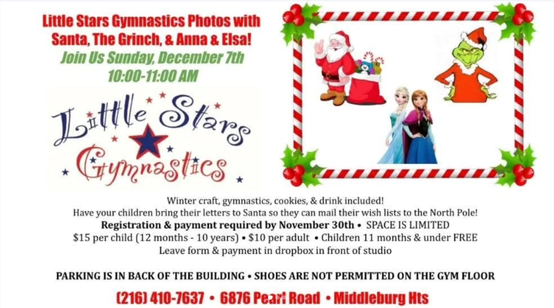 Little Stars Gymnastics Photos with Santa, The Grinch, Anna & Elsa
