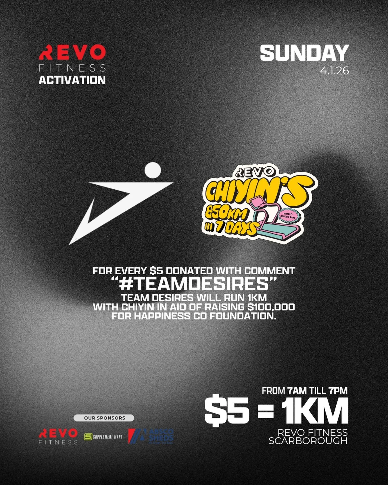 WORLD RECORD RUN: Activation Day with @chiyinreynolds at @revofitness Scarborough TOMORROW.
For every $5 donated with the comment &ldquo;#TEAMDESIRES&rdquo; Team Desires matches that with 1km in support of ChiYin&rsquo;s 850km 7 Day goal with the aid