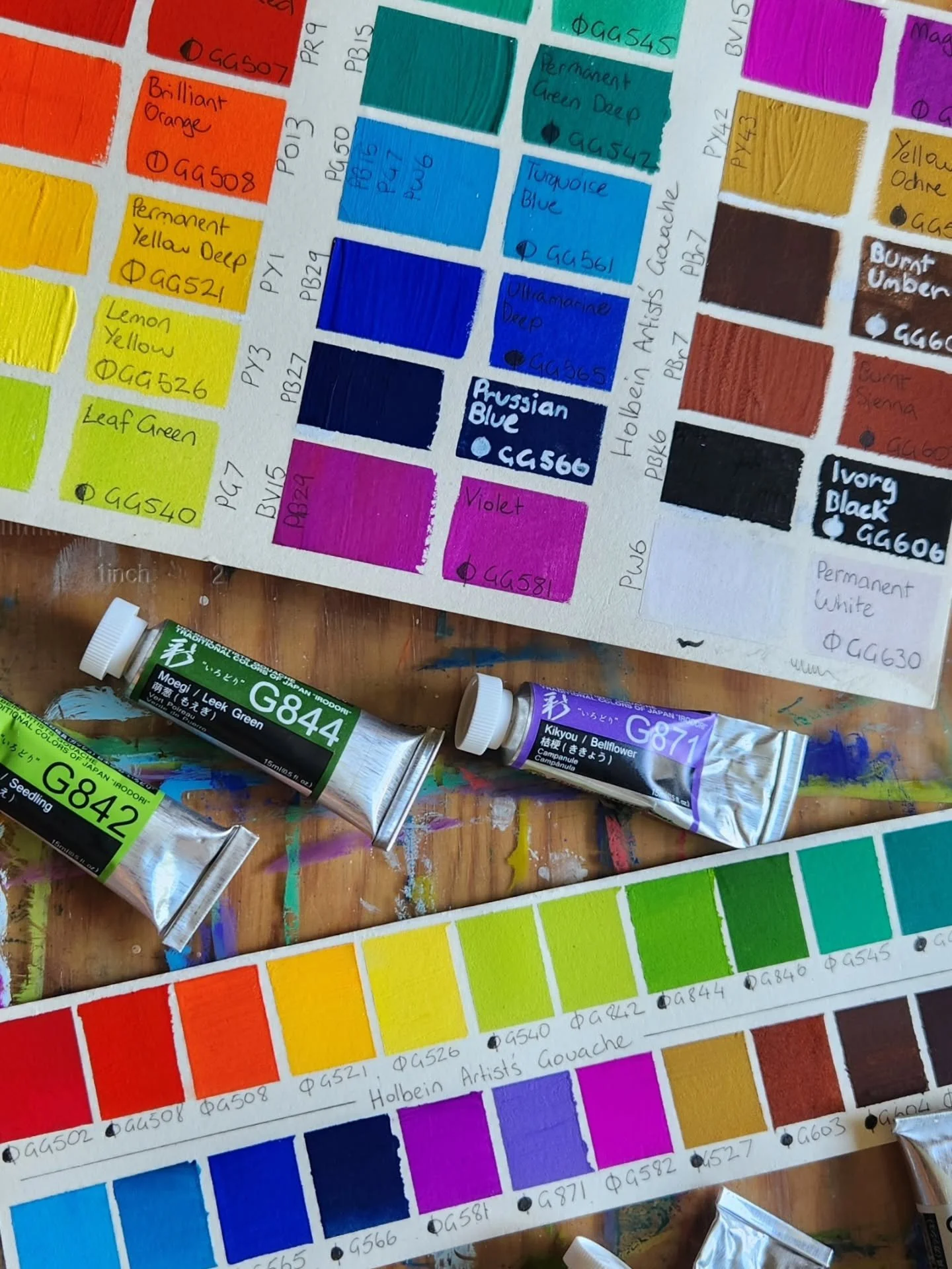 Spent the day today redoing my Holbein swatches for my new portable gouache painting setup. This one includes some colours from the Irodori collections, better suited to my needs for landscapes or on the spot comissions. Painted on my favourite water