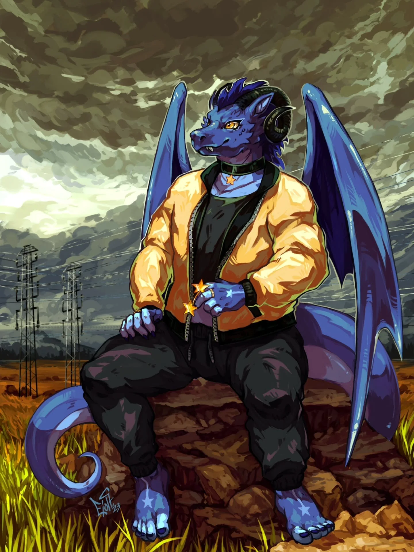 This YCH is titled petrichor, and features strong storm clouds and hints of humidity. Their dragon skin was such a joy to render, as well as the deep coppers and yellow-green hues found in the Australian landscapes of Western Queensland.
.
.
Art &amp