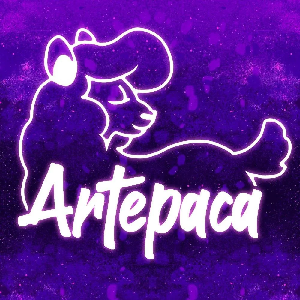 Neon sign featuring a cartoon dog with the word "Atepaca" below, set against a purple starry background.