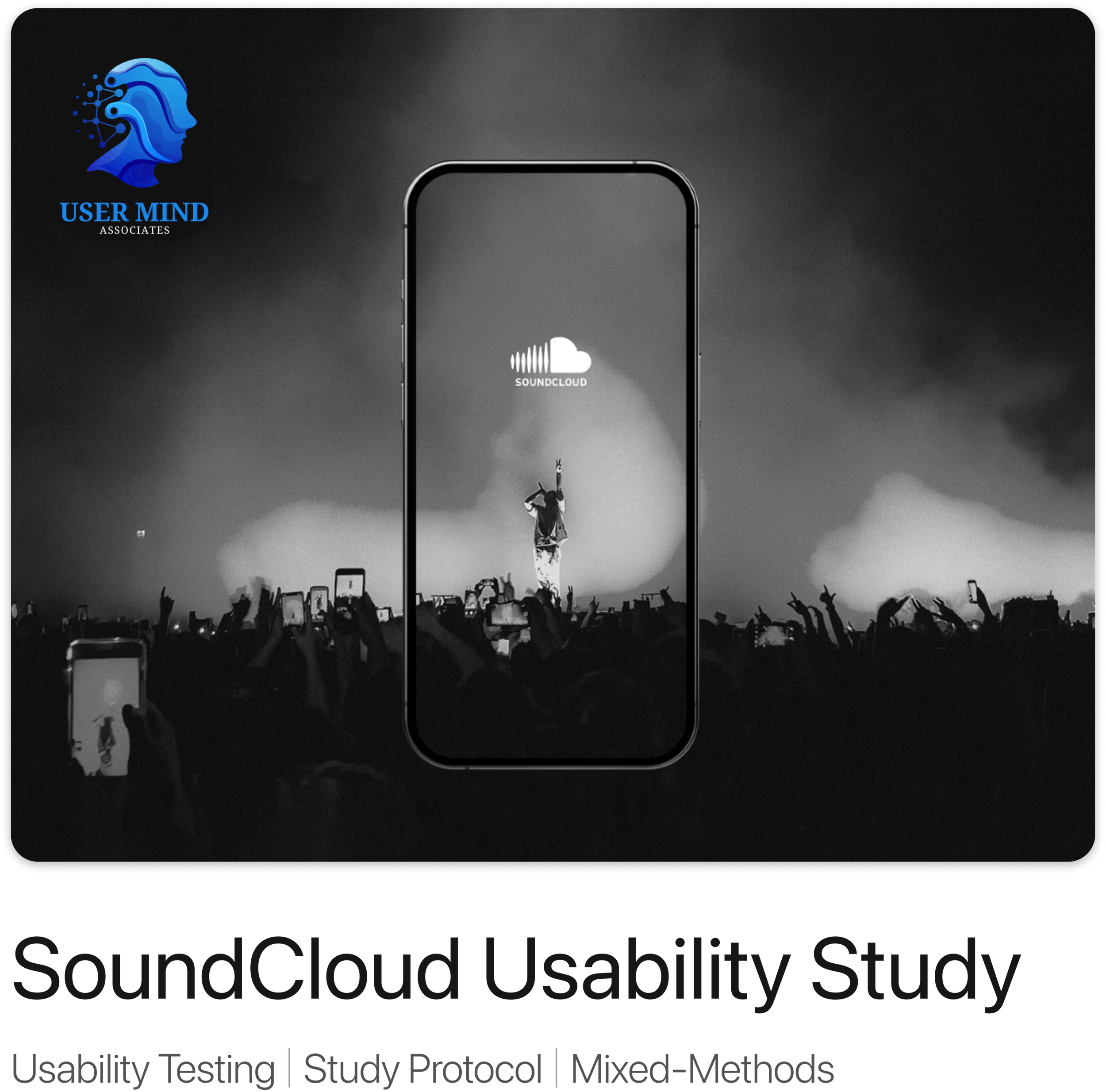 Black and white photo of a concert crowd taking pictures with their phones of a performer on stage, with the SoundCloud logo in the center of the image.