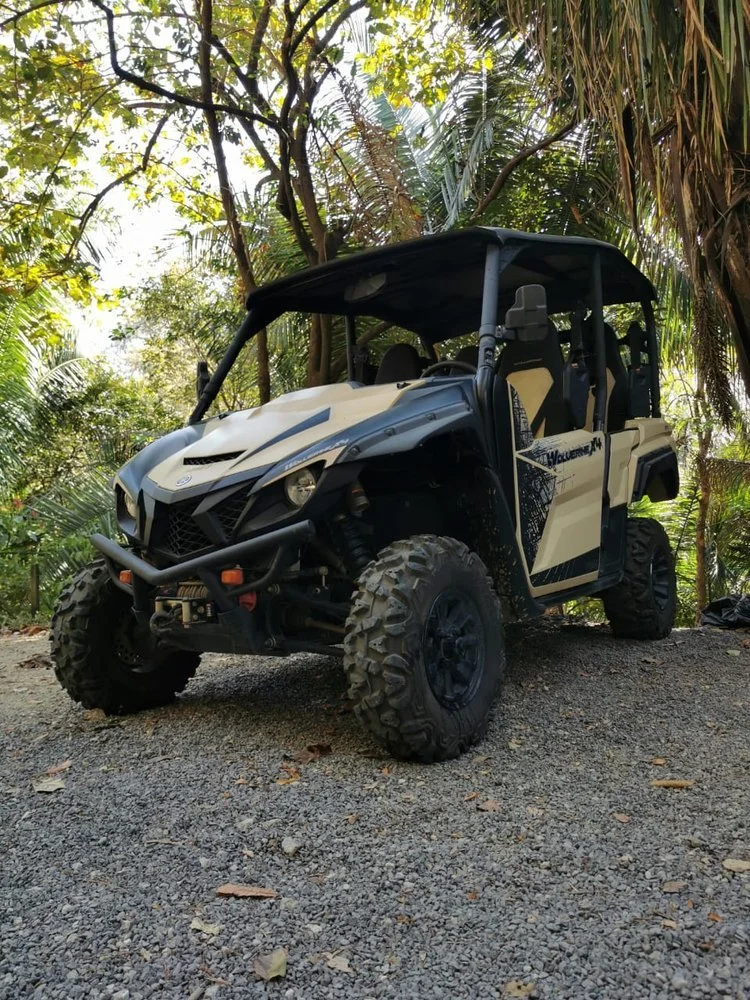 An off-road utility vehicle, commonly known as a side-by-side, parked on gravel in a wooded area with trees and vegetation in the background.