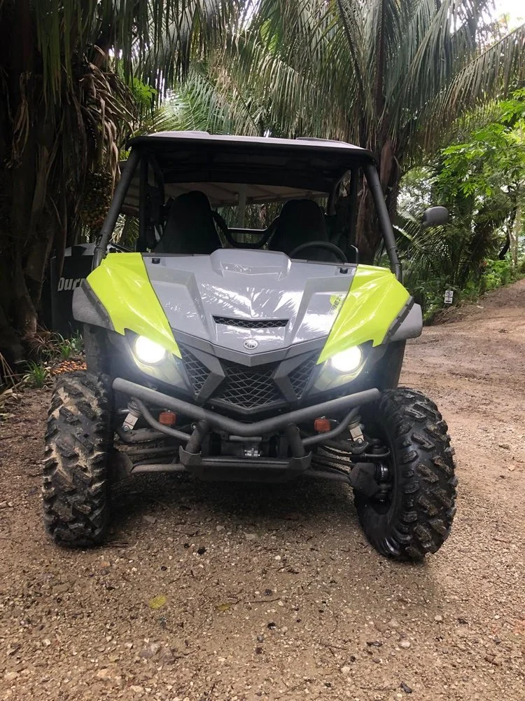 Off-road utility vehicle (UTV) with large rugged tires, yellow and gray body, headlights on, parked on a dirt trail surrounded by lush green foliage.