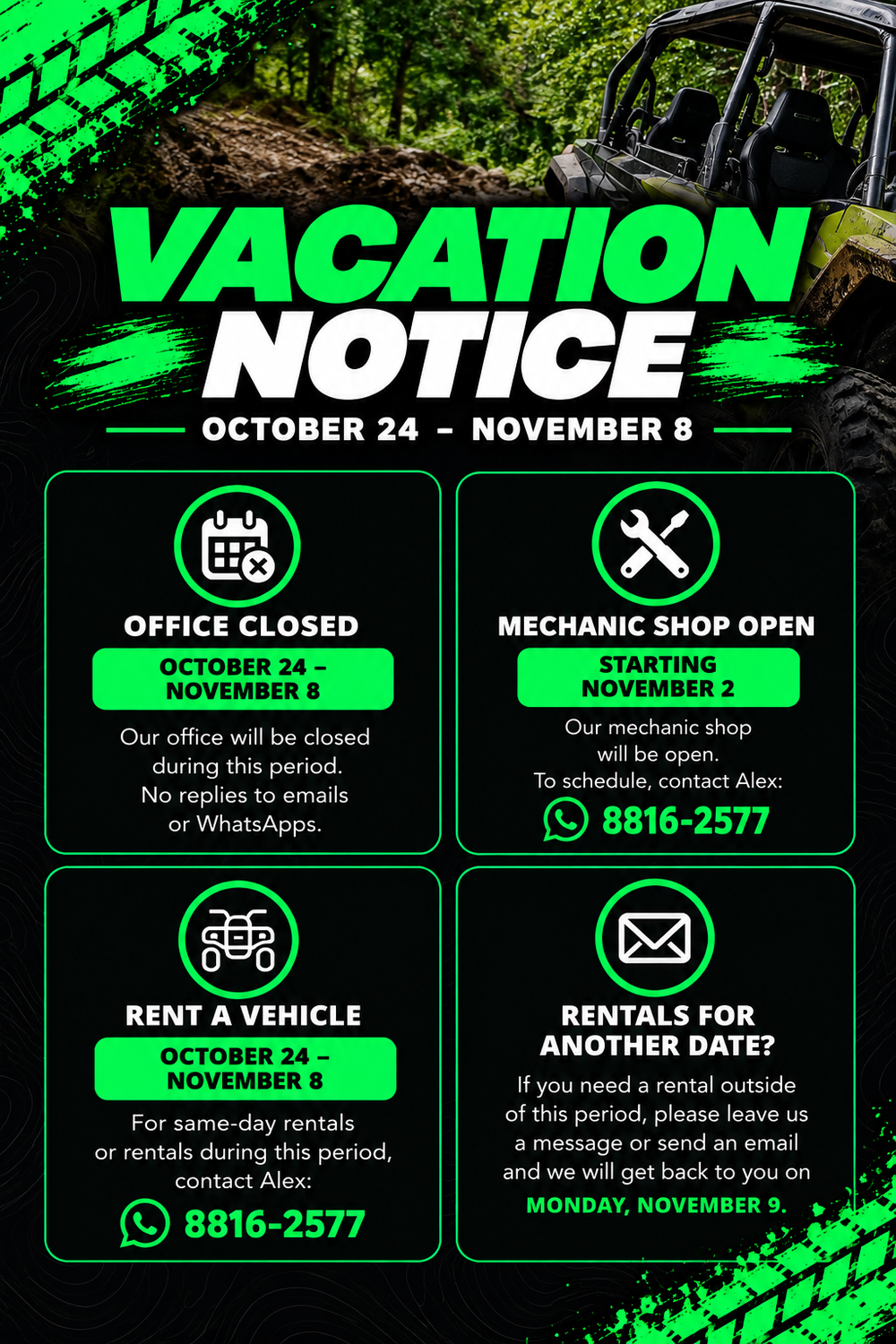 iQuad Nosara Vacation Notice: October 24 to November 8