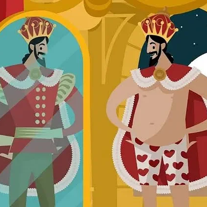 Illustration of a crowned emperor in heart-print underwear admiring his reflection in a mirror, where he appears fully dressed.