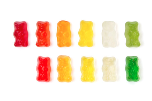 Two rows of gummy bears side by side for comparison, the bottom row brighter in color than the top.
