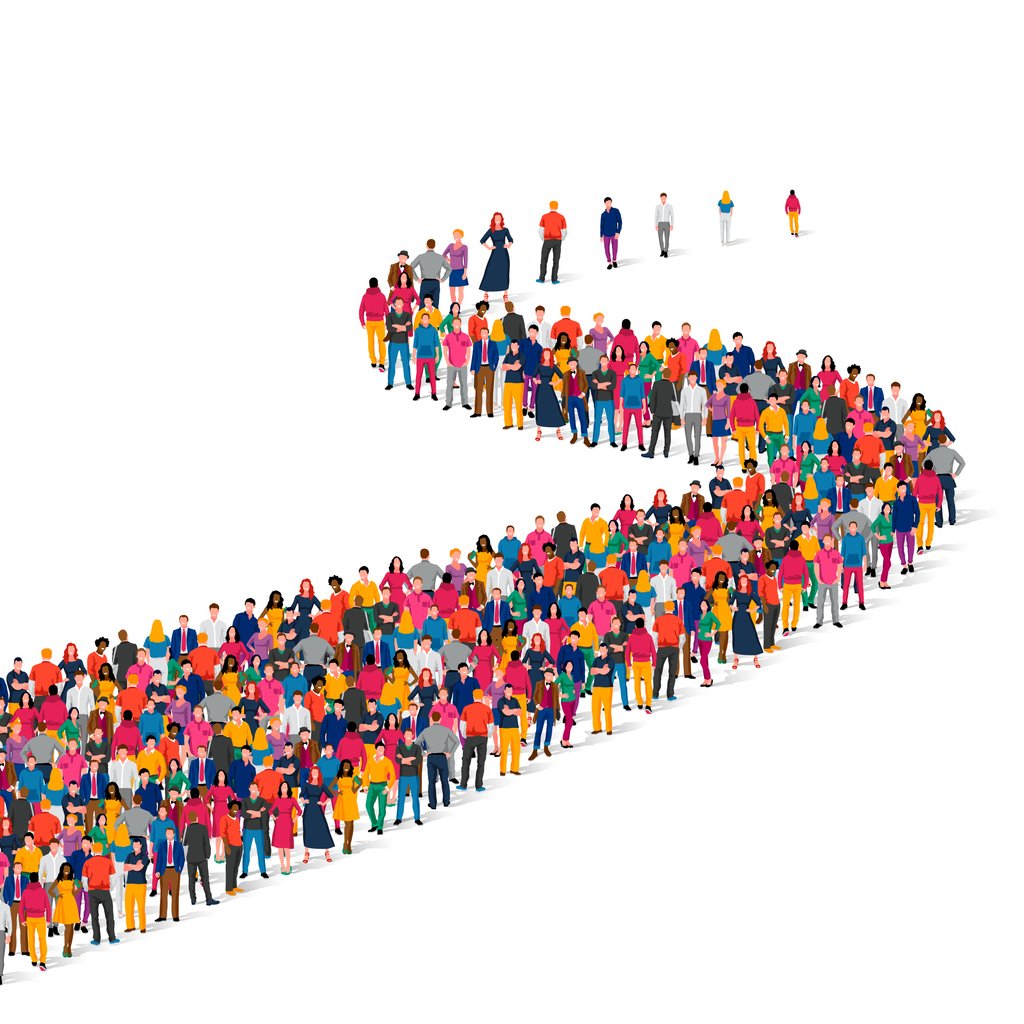 An illustration of a large crowd of people arranged in a winding S-shaped path that stretches into the distance.