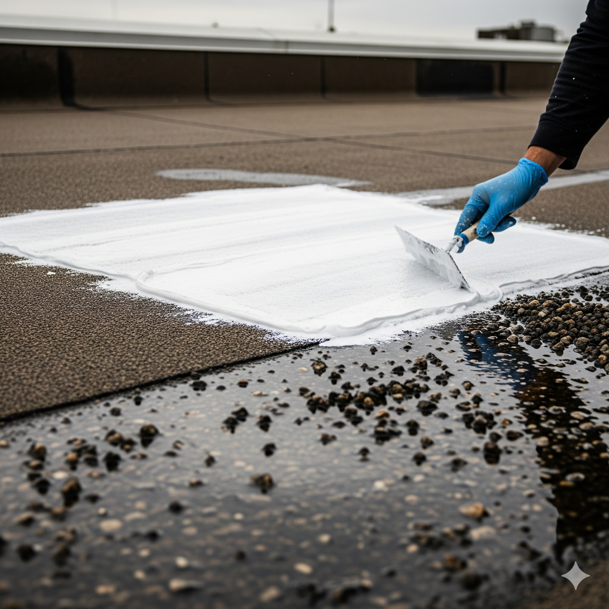 A person sealing a flat roof with white roofing membrane using a trowel, wearing blue gloves.