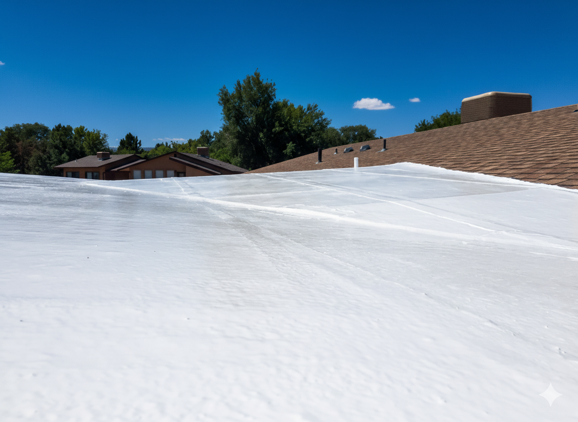 Roof with a reflective white membrane covering, houses, trees, and a clear blue sky with a few clouds.