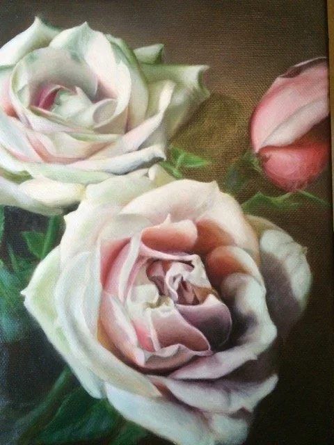 Close-up of three roses, two open with soft pink and cream petals and one unopened pink rosebud.