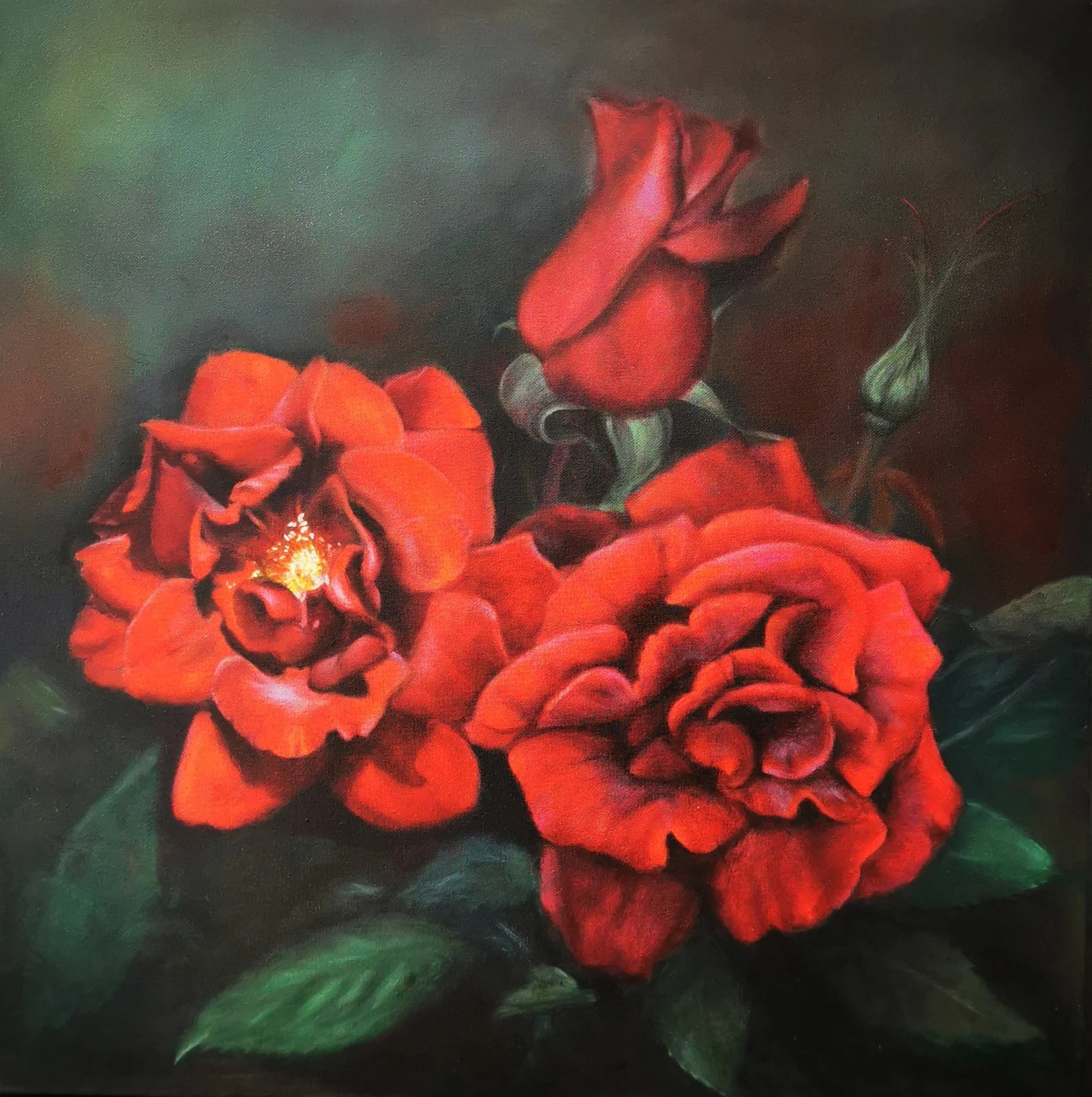 A painting of three red roses with dark green leaves against a dark background.
