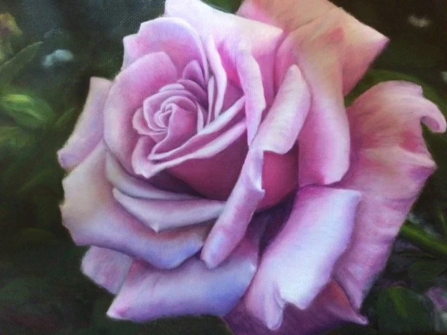 A close-up photograph of a pinkish-purple rose flower with its petals unfolding, surrounded by green leaves.