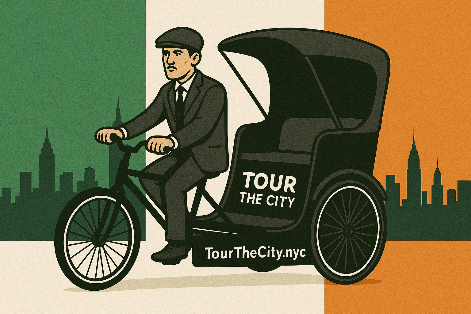 An illustration of a man riding a rickshaw with the city skyline in the background, divided into green, white, and orange sections. The rickshaw has the text "TOUR THE CITY" and "TourTheCity.nyc" on it.