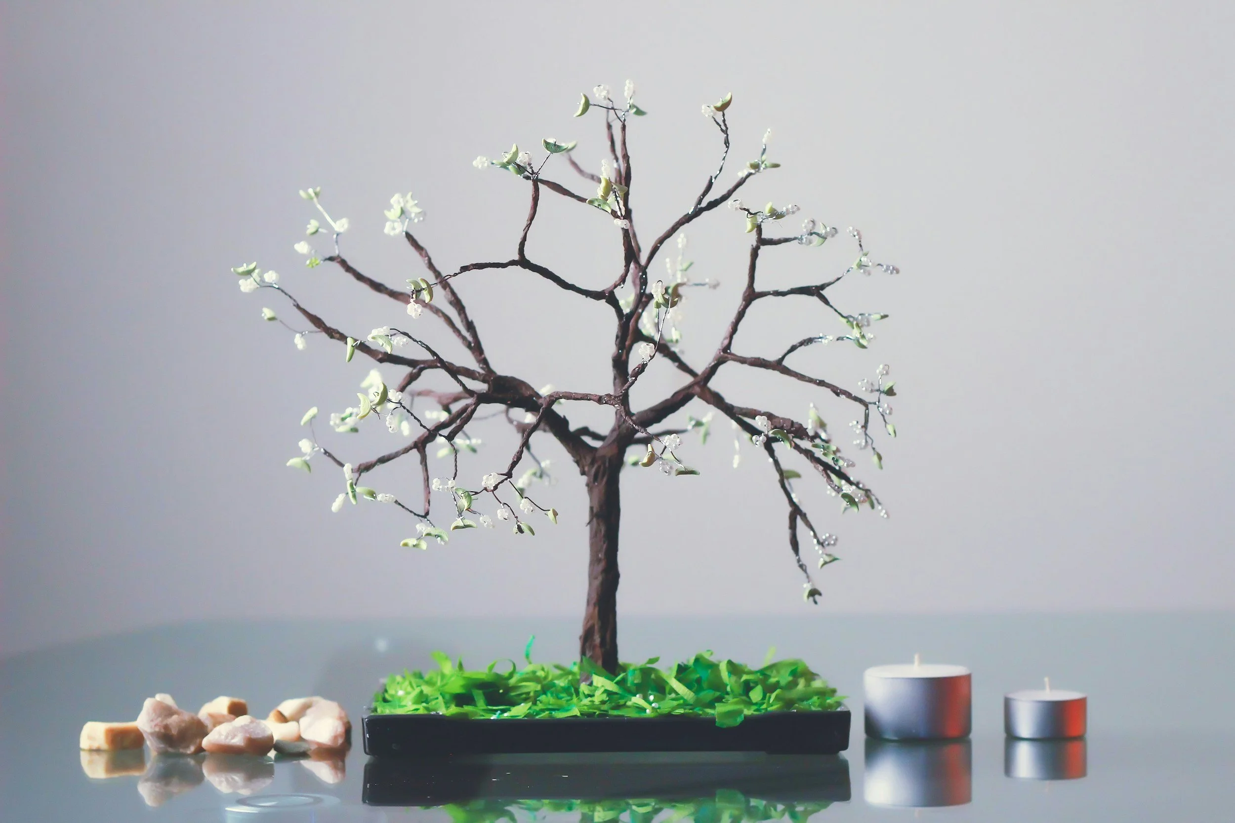 Beaded flowers in pots and trees on rocks hand made in Mandurah