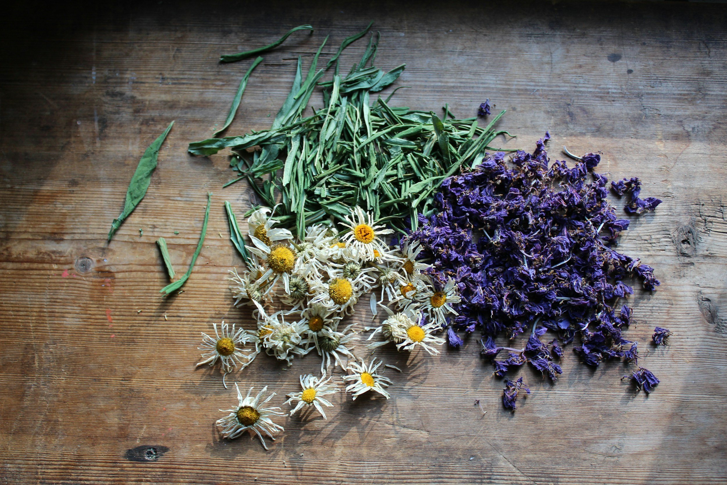 Dried herbs and flowers, including chamomile, lavender, and other green leaves, spread on a wooden surface dried by Boo Botanicals and used in our floral infused handmade bath & body products.